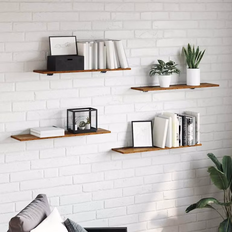 Set di 4 scaffali a parete vidaXL in legno marrone, 3 livelli, L: 80 cm, P: 20 cm, H: 1,5 cm