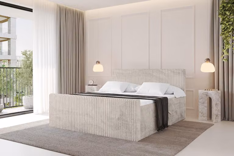 Letto boxspring ALTDECOR con pediera - TOLO-Z 140x200 Cord - Crema - Set completo con materasso a molle Bonell e topper, letto imbottito con materasso H3 e contenitori, rete a doghe, letto con contenitore, letto matrimoniale, letto box
