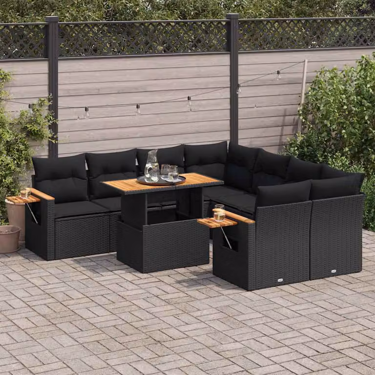 Set di divani da giardino vidaXL 9 pz in polyrattan nero con cuscini e tavolino da esterno in legno di acacia