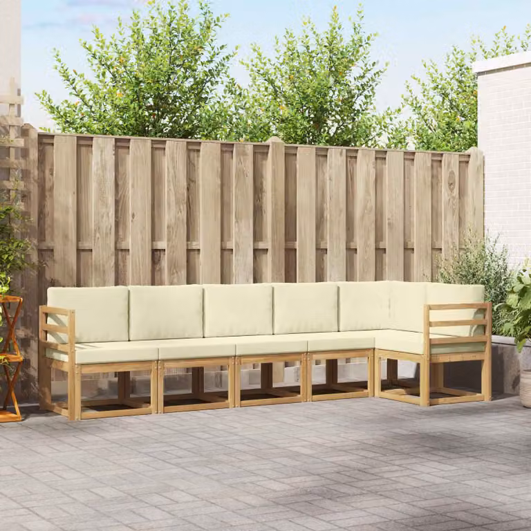 vidaXL Set di divani da esterno a L composto da 6 pezzi in legno di acacia, Bianco e Beige