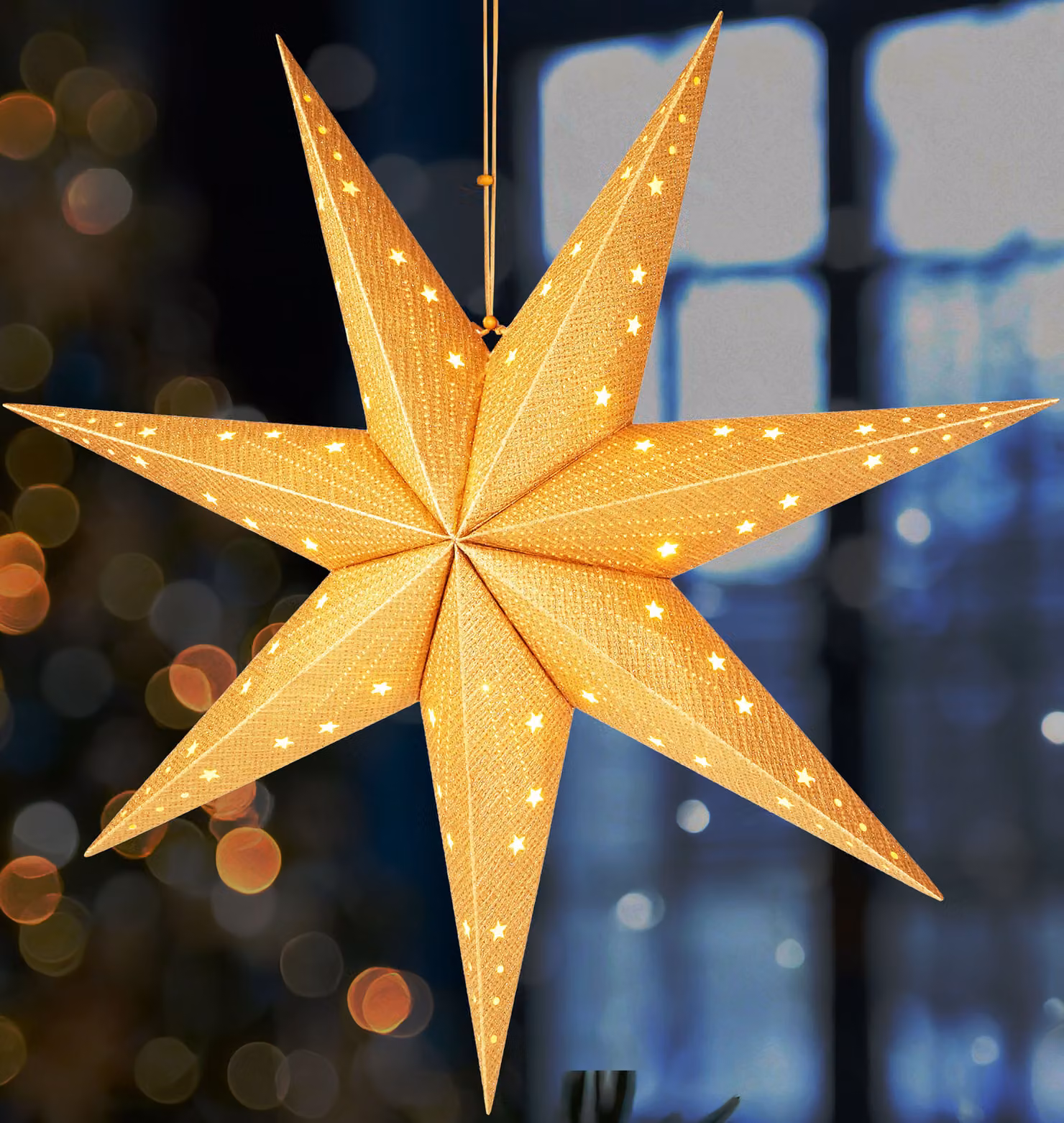 BRUBAKER Stella di Natale appesa con presa E14 - Set di stelle di carta da 60 cm con cavo da 3,5 m, oro