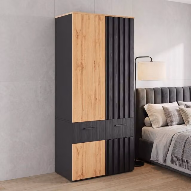 Armadio 90x50x200 cm con asta appendiabiti e 2 cassetti in MDF e pannello truciolare nero naturale