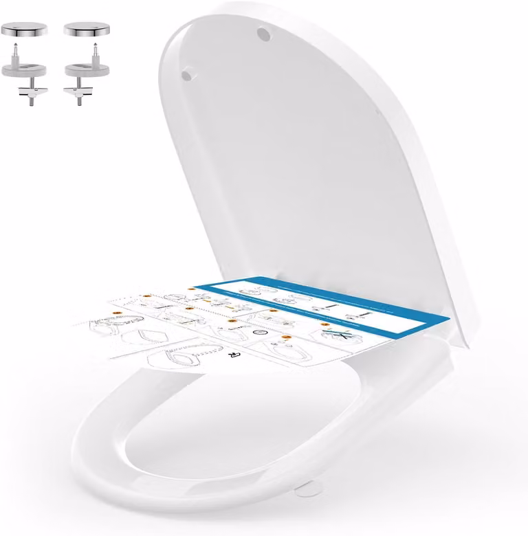 Copriwater a forma di D, bianco, con chiusura ammortizzata, sistema di fissaggio rapido, universale, per WC