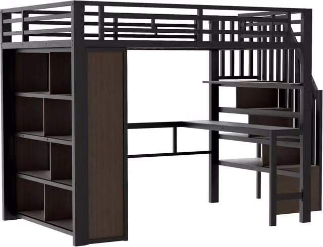 Letto a soppalco 140x200 cm in ferro con scrivania, LED integrata e scaletta con vano contenitore, nero