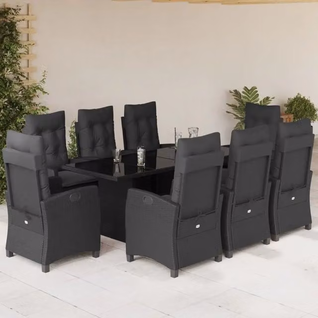 Set da pranzo da giardino vidaXL in polyrattan nero con 9 pezzi e cuscini