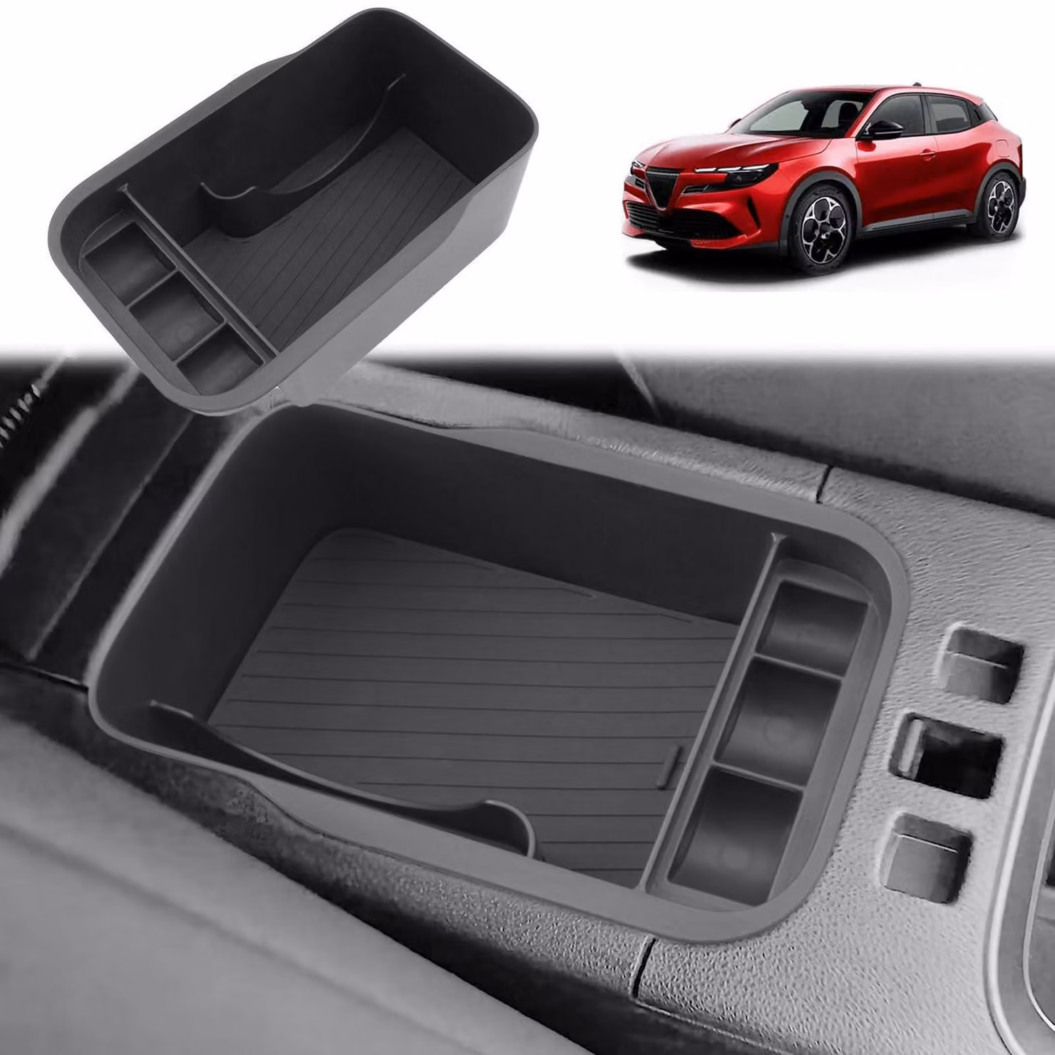 Contenitore portaoggetti per la console centrale di Alfa Romeo Junior, modelli dal 2024 al 2028, completo di tappetini