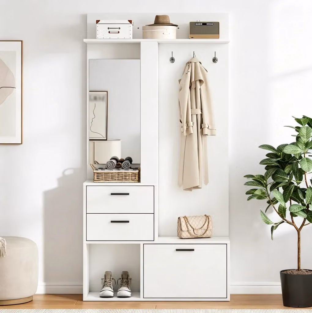 Guardaroba da ingresso moderno con specchio e cassetti, bianco, L: 90 cm, P: 30 cm, H: 180 cm – 2