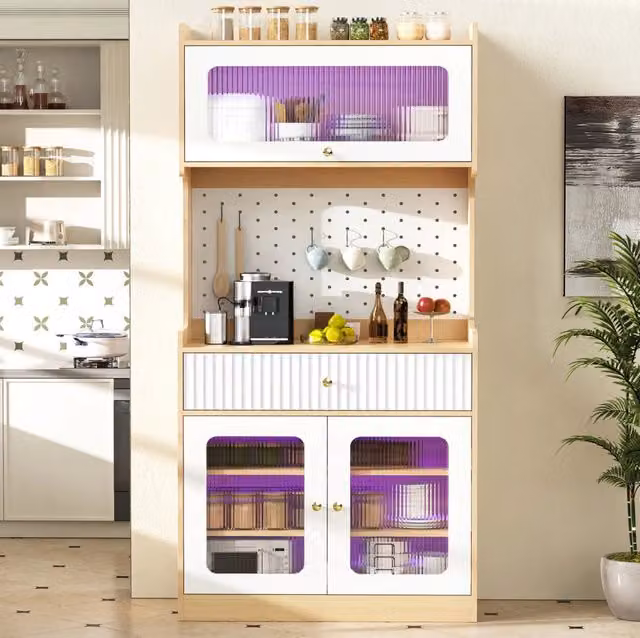 Credenza moderna con ante in vetro e illuminazione integrata in MDF e materiale composito, colore bianco e beige, L/P/H: 80 x 40 x 180 cm