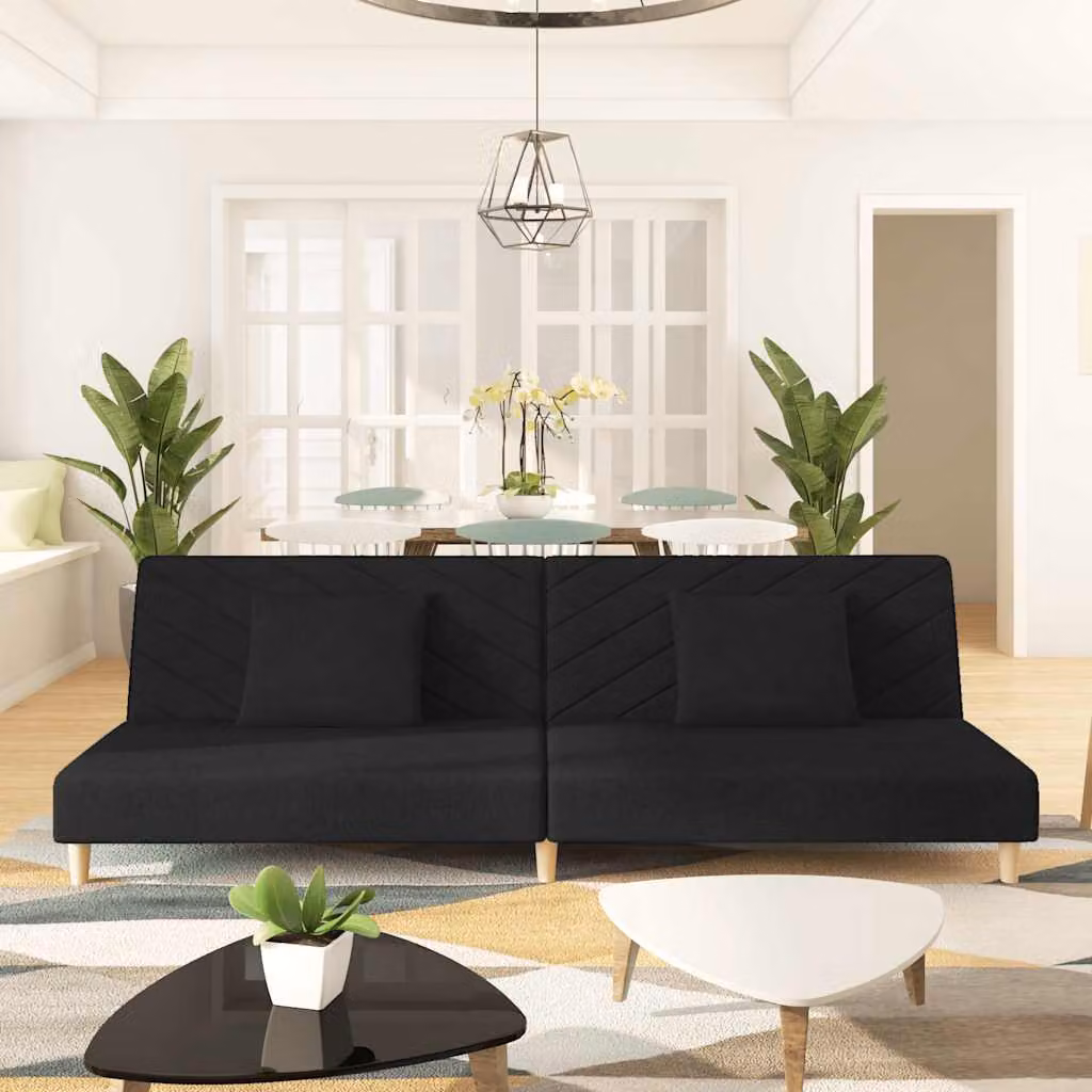 vidaXL Divano Letto Click-Clack a 2 Posti in Tessuto Nero con 2 Cuscini e Struttura in Legno Solido, Dimensioni Letto: 90 x 200 cm