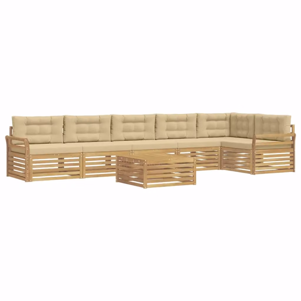 Set di divani da esterno vidaXL a forma di L composto da 7 pezzi con tavolino, cuscini inclusi, in legno di acacia e tessuto bianco e beige – 2