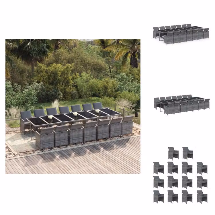 vidaXL Set da pranzo da giardino 15 pezzi con cuscini in poly rattan grigio - Set di mobili da giardino