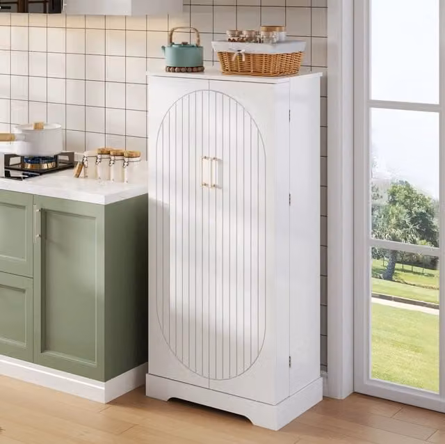 Credenza moderna bianca in MDF con illuminazione integrata e ripiani interni L 60 cm x P 35 cm x H 128 cm