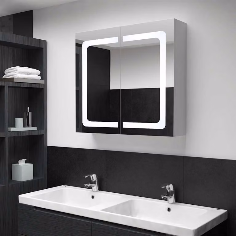 Armadietto da bagno con specchio e illuminazione LED vidaXL, Bianco e Argento, L: 80 cm, P: 12,2 cm, H: 68 cm