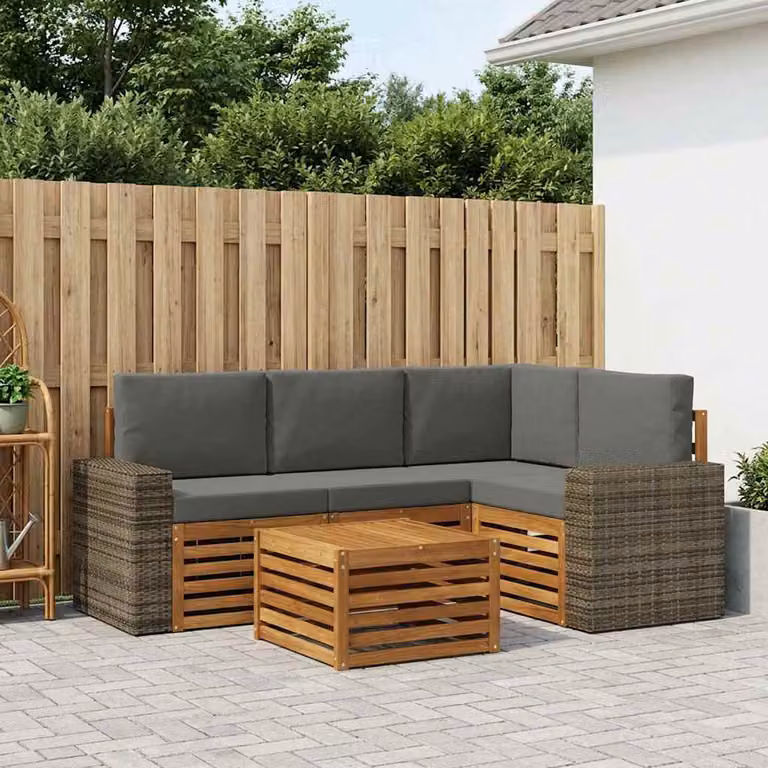 Set di divani da esterno vidaXL a forma di L con tavolino da caffè, struttura in legno di acacia e cuscini in poliestere antracite e beige