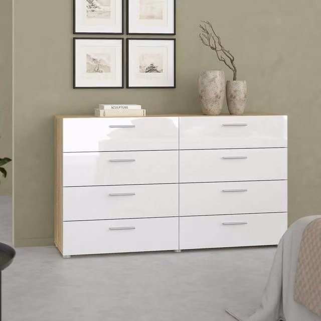 Credenza Phethai DMORA, Buffet e Madia per Soggiorno o Cucina, Quercia e Bianco Lucido, L: 140 cm, P: 40 cm, H: 82 cm
