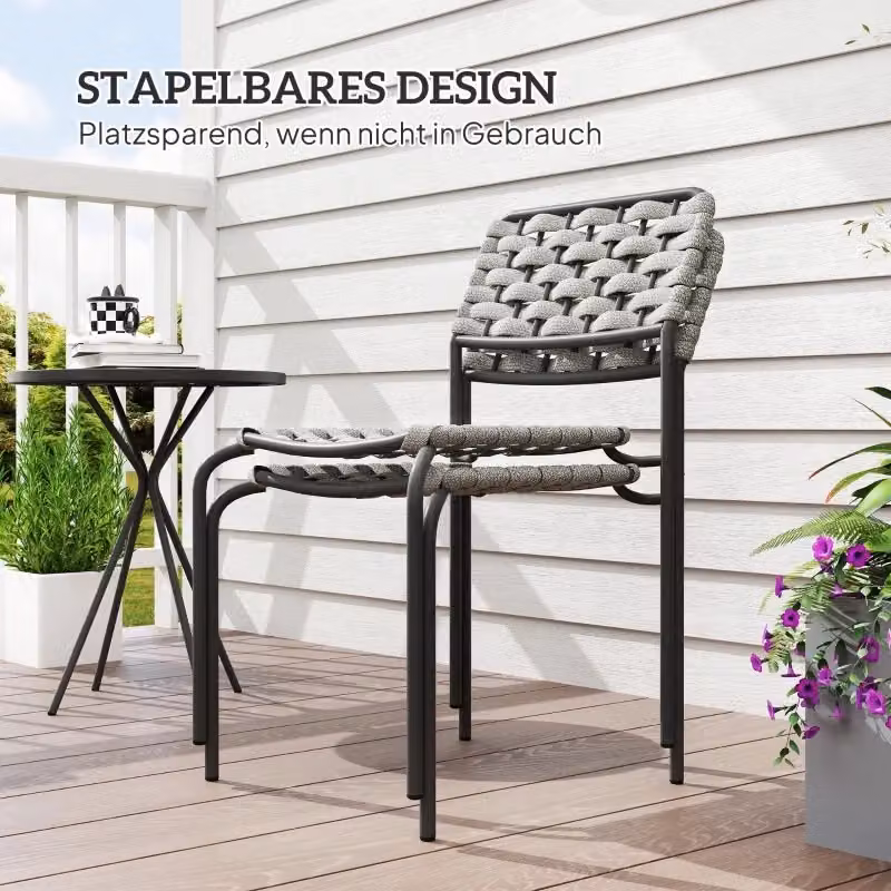 Set da giardino OKWISH 3 pezzi composto da due sedie impilabili e tavolino rotondo in acciaio e rattan grigio per balcone e terrazzo – 2