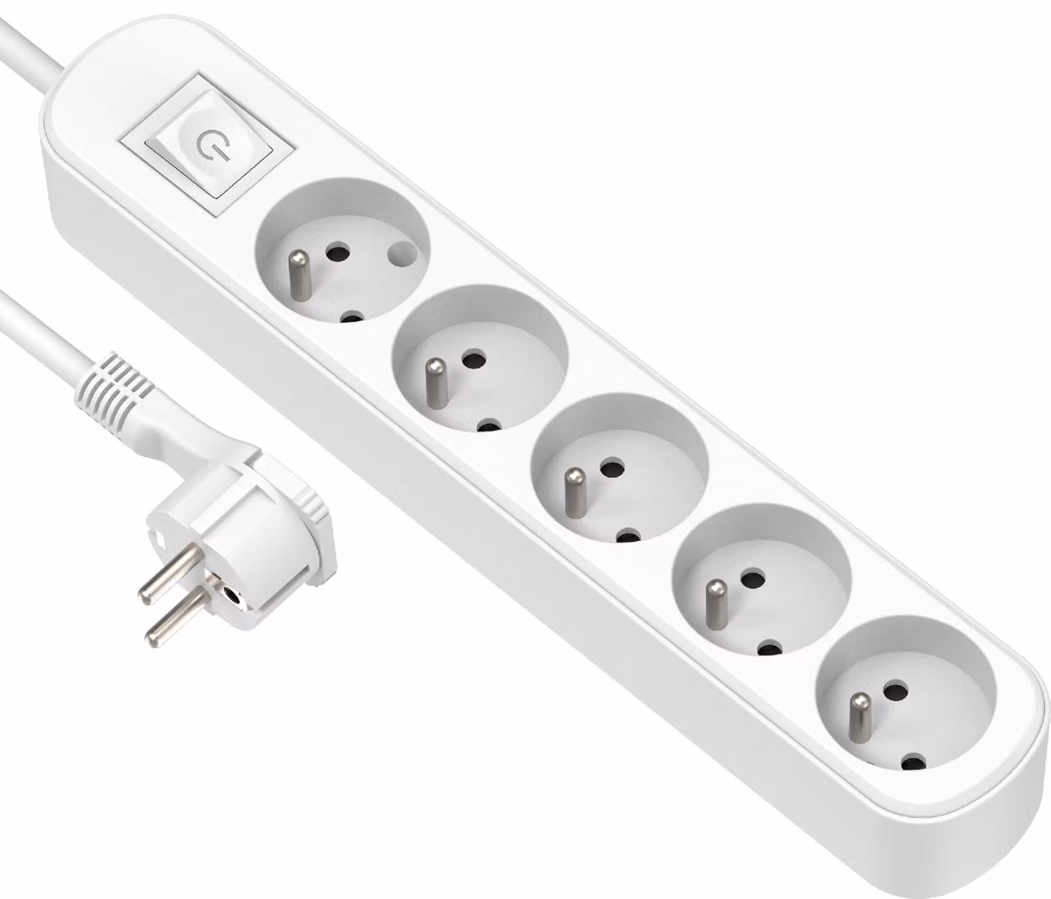 Electraline 32042, blocco a 5 prese con interruttore/spina piatta, lunghezza 1,5 metri, colore bianco