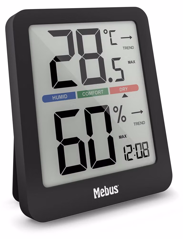 Stazione meteorologica con termometro, igrometro, orologio, indicatore di comfort, colore nero