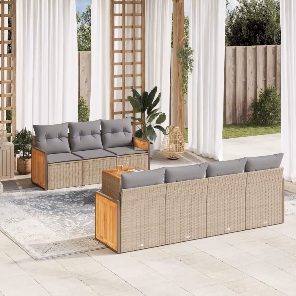 Set Divano da Giardino 8 pz vidaXL in Polyrattan con Cuscini Beige e Struttura in Legno di Acacia – 1
