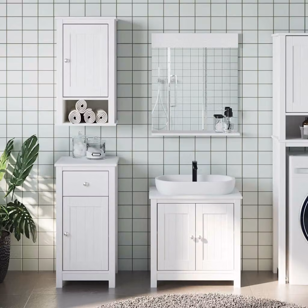 Set di mobili da bagno BERG vidaXL in legno massello di pino bianco, composto da 3 pezzi con base lavabo, mobiletto laterale e armadietto con specchio – 1