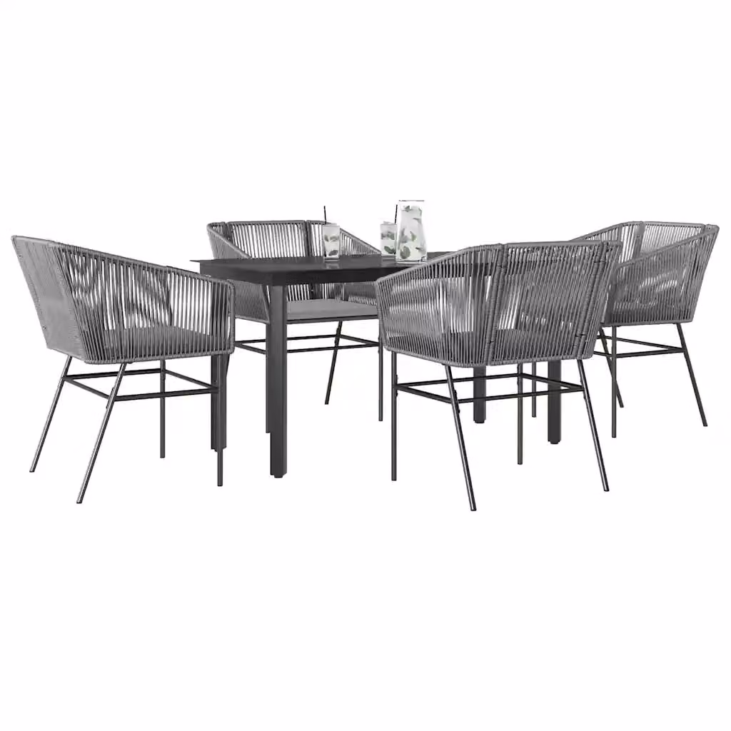 Set da Pranzo da Giardino 5 Pezzi in Polyrattan con Tavolo in Vetro e Cuscini, Colore Nero e Grigio – 2