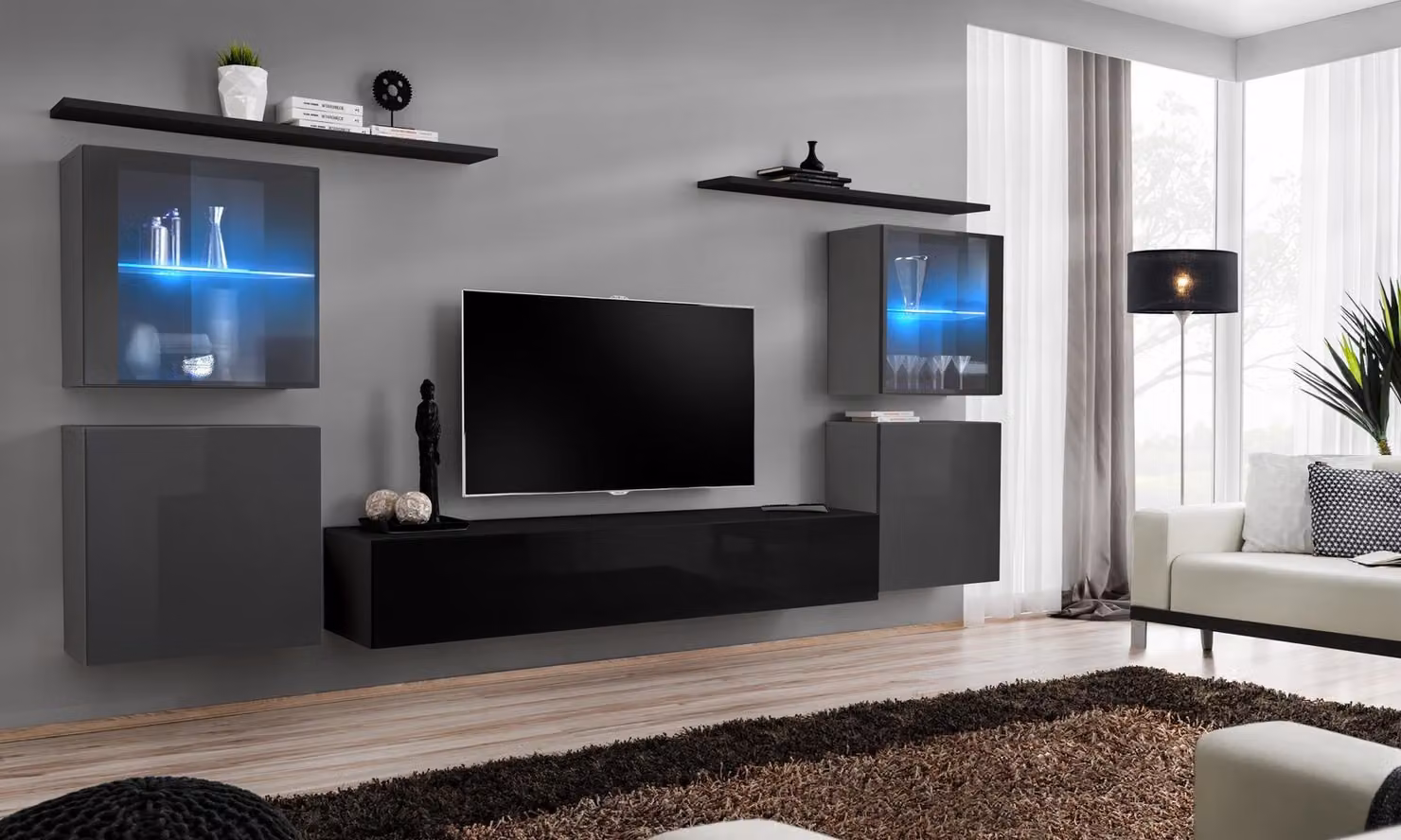Modern Wand Schrank Wohnzimmer Wandregale Sideboard TV Ständer Designer Set 7tlg