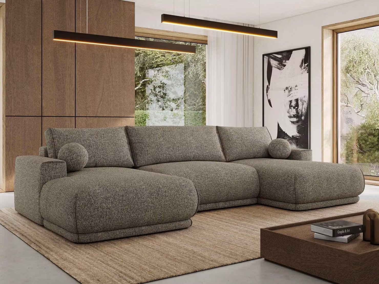MKS MEBLE Divano ad angolo XXL RINA, divano componibile a forma di U con funzione letto e molle ondulate, funzione letto a scomparsa - Grigio Strutturato