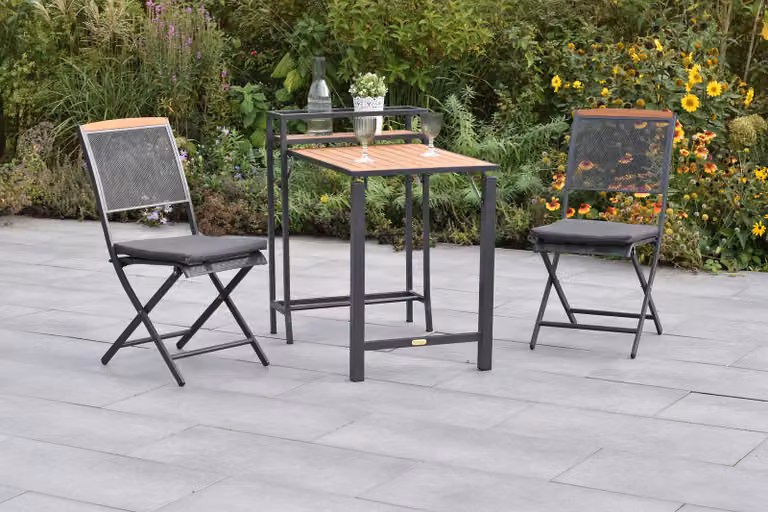 Set di mobili da giardino Merxx, 5 pezzi: 2 sedie pieghevoli, 2 cuscini per sedie, 1 tavolo pieghevole da balcone – alluminio/acciaio/acacia