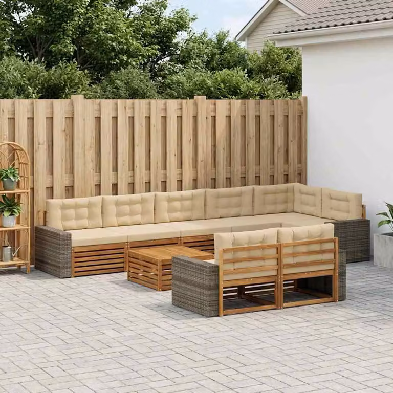 Set di divani da esterno vidaXL 9 pz in legno di acacia marrone e beige con cuscini imbottiti a forma di L