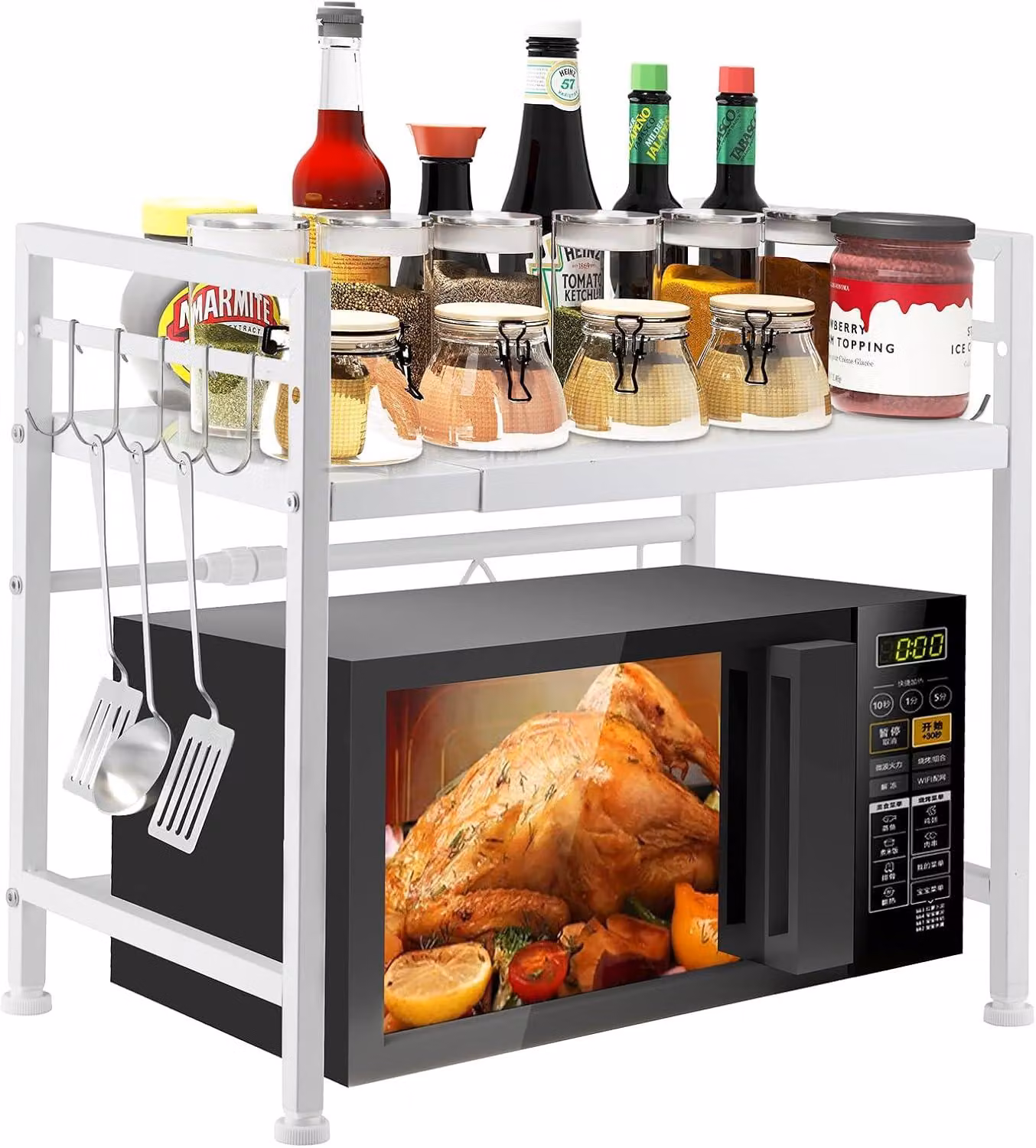 Ripiano per microonde, da 40 a 63 cm, con 2 livelli, estensibile, 10 ganci in acciaio inossidabile, colore bianco, per cucina