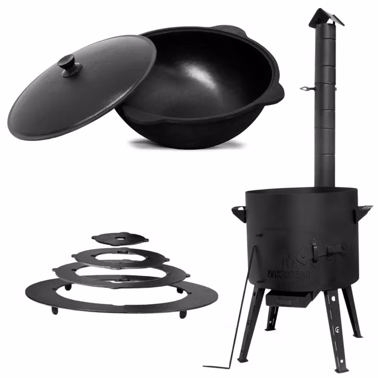 Ø40 Uchag 2 mm in acciaio, 12 litri, Kazan Uchag con anelli adattatori per canna fumaria, tubo di scarico, stufa da campeggio Uchag, Kazan, focolare, cucina da campo, cucina all'aperto, fornello per stufati, fornello da campo