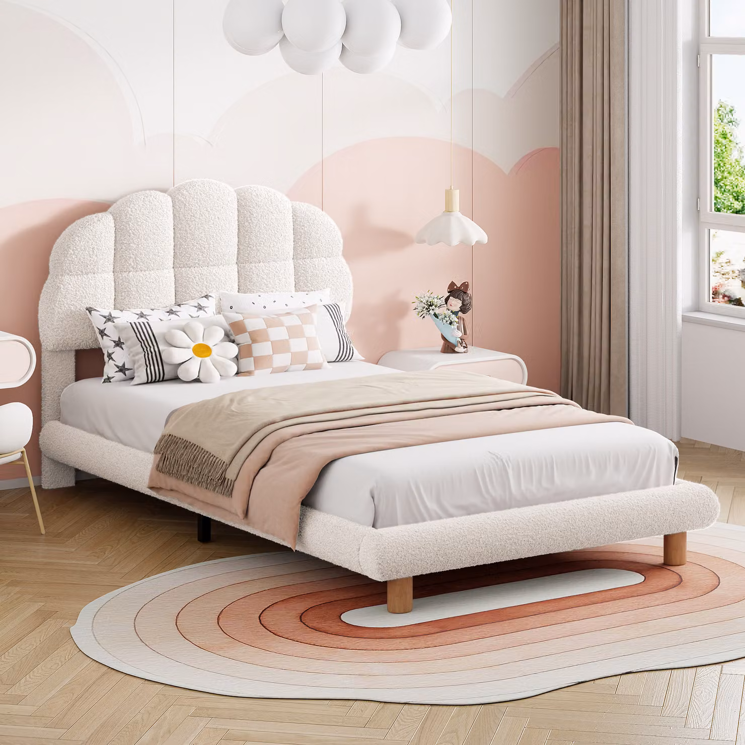Letto imbottito ProximaX 90 x 200 cm - testata semicircolare - rivestimento in velluto letto per bambini letto per ragazzi - con rete a doghe in MDF - beige