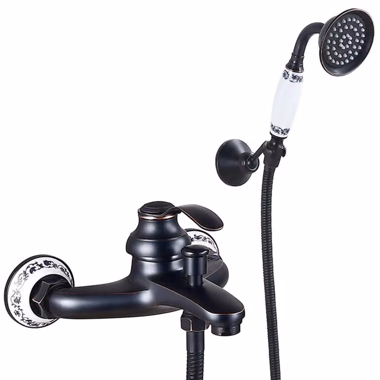 Miscelatore per vasca da bagno da montare a parete, con doccetta manuale, colore nero, stile vintage