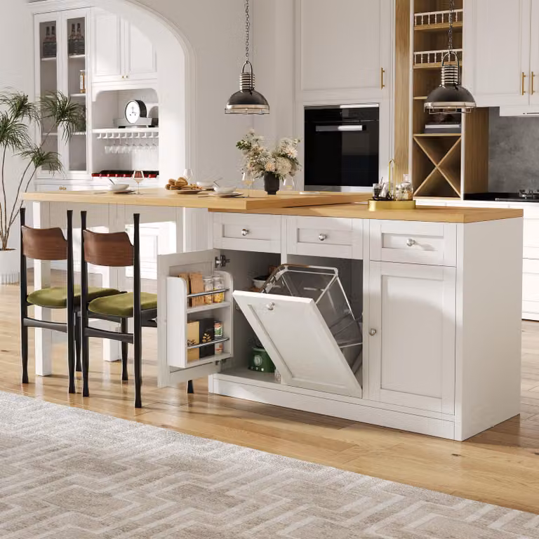 Tavolo allungabile STILVORA con spazio contenitivo e funzione pieghevole, tavolo da pranzo con cassetto e ripiano per snack, oltre a supporto per bidone della spazzatura, tavolo da cucina salvaspazio, ideale per piccoli appartamenti, colore bianco