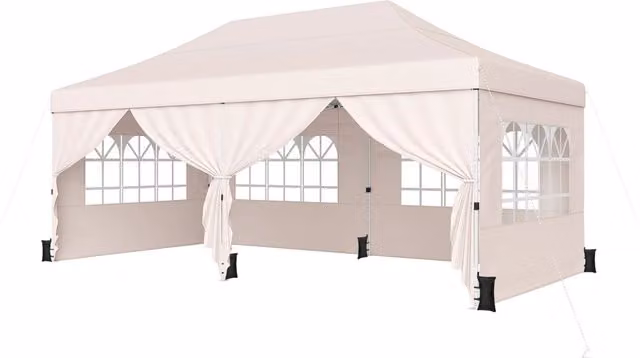 Gazebo da giardino esterno con 6 pareti rimovibili, Gazebo da esterno pieghevole altezza regolabile Beige