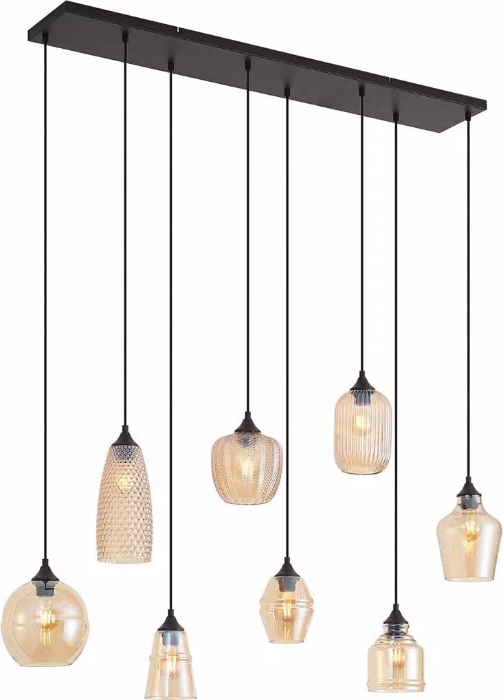 QAZQA - Art Déco Lampada a sospensione Art Déco nera con vetro color ambra a 8 luci - Hanne I Soggiorno I Camera da letto - Oblungata - Adatta a LED E27