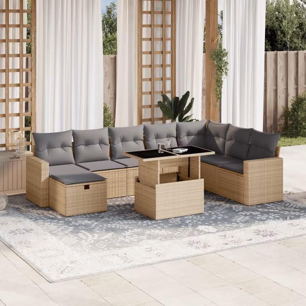 vidaXL Set Divano da Giardino a L 9 pz con Cuscini Beige e Tavolino da Caffè in Polyrattan e Metallo – 1