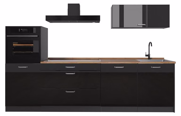 Cucina componibile Vicco R-Line Nero lucido/Antracite 280 cm piano di lavoro Rovere dorato, Model 66474