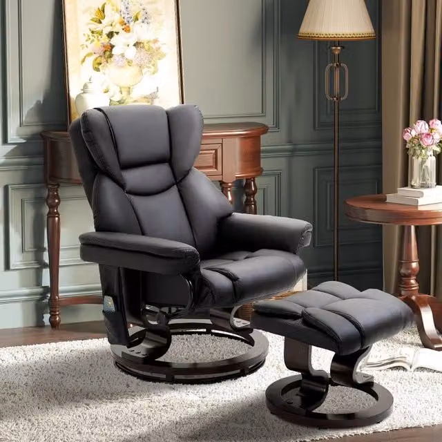 Poltrona relax WISHDOR con funzione massaggio, poggiapiedi incluso e rotazione a 360 gradi in pelle sintetica nera – 1