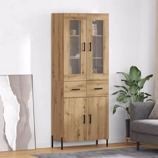 Credenza vidaXL in legno rovere marrone con ante in vetro e ripiani interni, design minimalista, L: 69,5 cm, P: 34 cm, H: 180 cm – 1