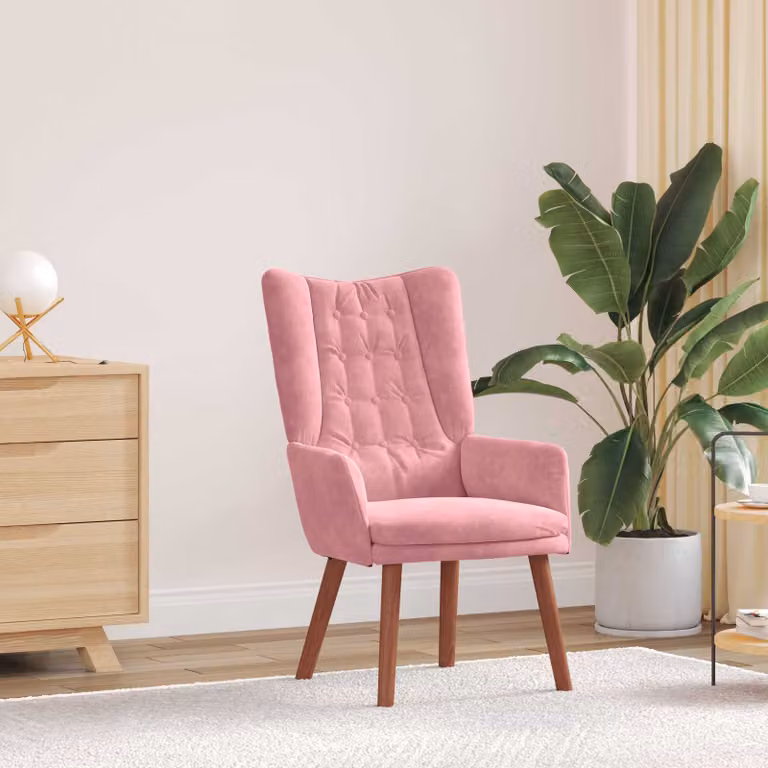Poltrona vidaXL in velluto rosa con braccioli e struttura in legno di gomma, L: 63 cm, P: 67 cm, H: 94 cm
