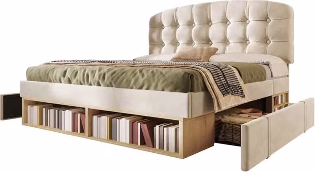 Letto matrimoniale 140x200 imbottito in velluto beige con testiera regolabile e cassetti portaoggetti