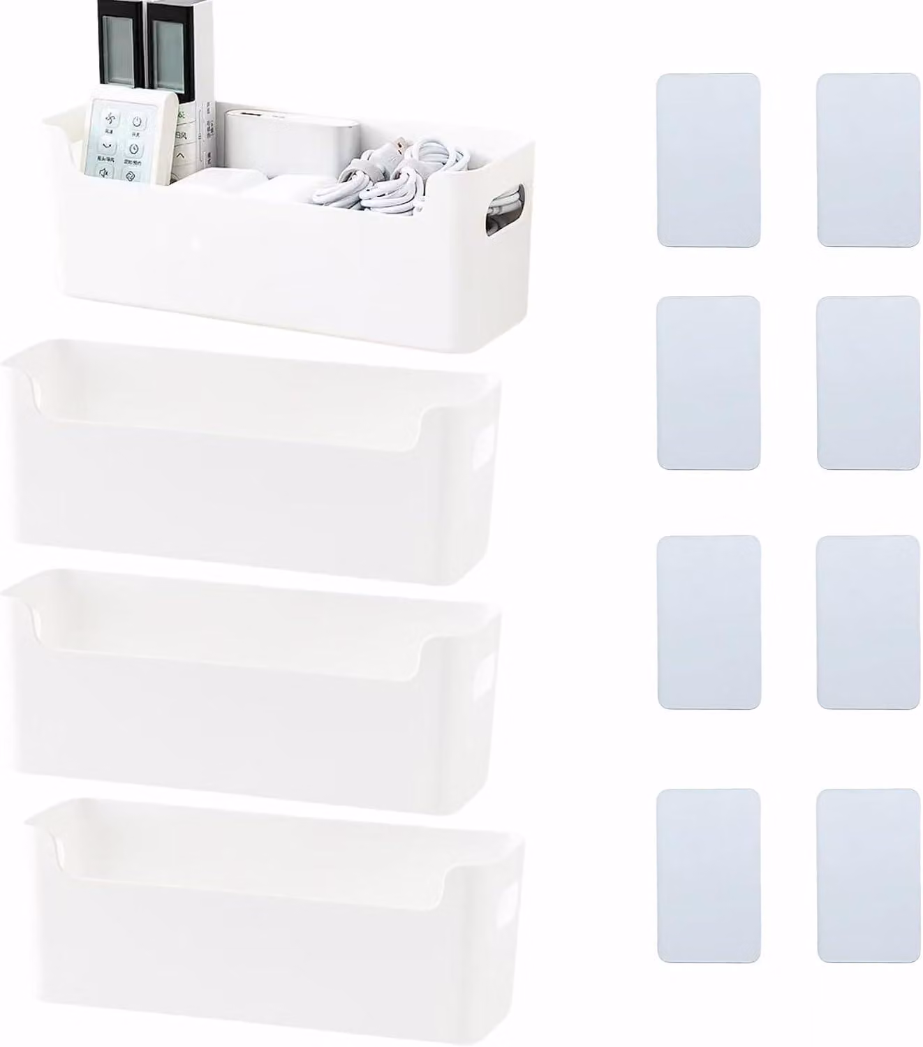 Contenitori in plastica con nastro adesivo, confezione da 4 pezzi, dimensioni 25x8x9,5 cm e 25x8x13,5 cm, ideali per cucina e bagno