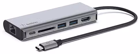 Hub Belkin USB-C 6 in 1 adattatore multiporta argento con porta Gigabit Ethernet, PD 3.0, lettore schede SD 2.0, 2 porte USB-A e HDMI 1.4 4K UHD