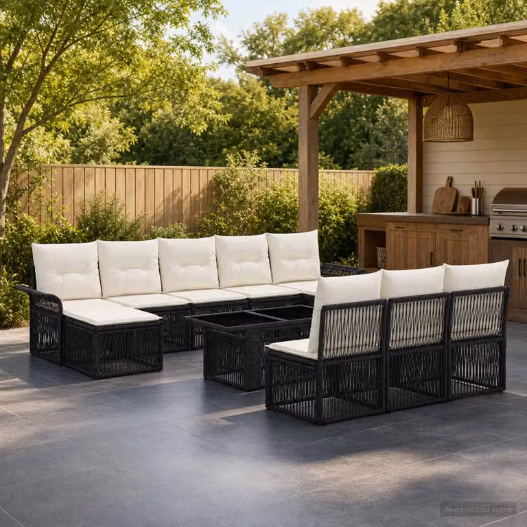 Set Divano da Giardino vidaXL 11 pz in Polyrattan Nero e Bianco Crema con Cuscini e Tavolino da Caffè