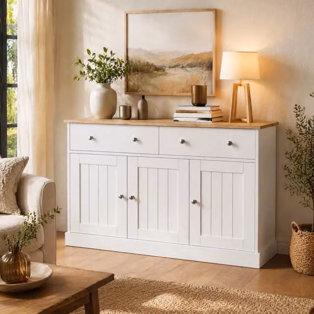 Credenza moderna con 3 ante e 2 cassetti in MDF bianco ed effetto legno L: 120 cm, P: 36 cm, H: 80,5 cm