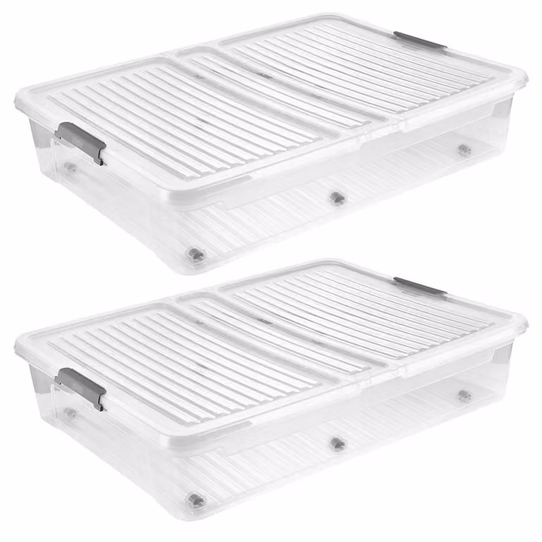 2 contenitori Leo Keeper con coperchio, capacità 53 litri, trasparenti, con ruote, coperchio con chiusura a clip