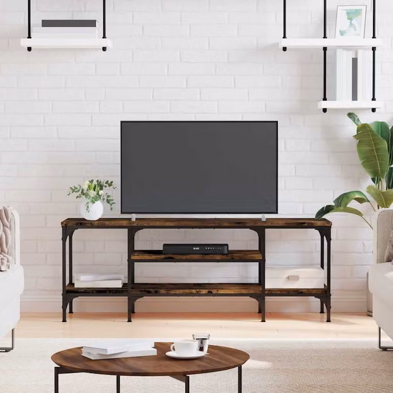 Mobile TV vidaXL in legno rovere fumo e ferro con ruote, L 121 x P 35 x H 45 cm