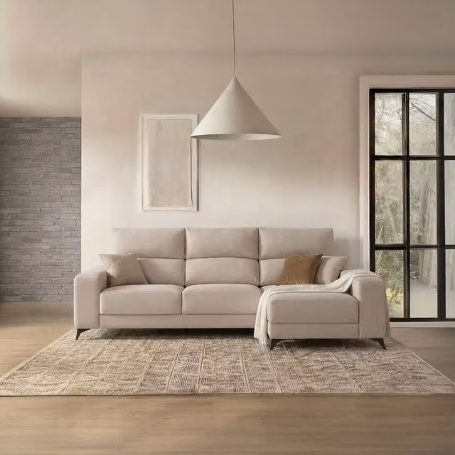 Divano chaise longue Evans Banak a 4 posti con contenitore, colore beige, modello a L con lato destro, poggiatesta regolabile e coperture rimovibili
