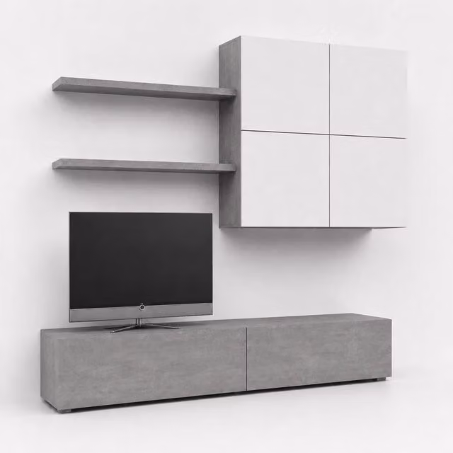 Parete Attrezzata Moderna Per Soggiorno Con Base TV 2 Ante Pensile 4 Ante E 2 Mensole In Melaminico Facile Da Pulire Design Contemporaneo 200 X 194 X 40 Cm Bianco E Grigio Cemento